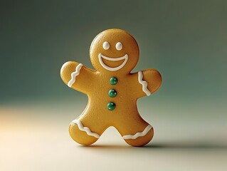 Smiling waving gingerbread man 3D character, clay material gradient background, C4D style fine rendering for holiday design digital media advertising.