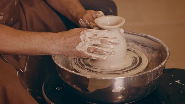 A skilled artisan works with wet clay on a pottery wheel, shaping a delicate vase. The process showcases his talent and passion for handmade decor as he meticulously crafts each detail.