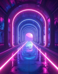 Neon-lit corridor with a tunnel design. Purple and blue lights reflecting on a wet floor. The archway leads to a distant light