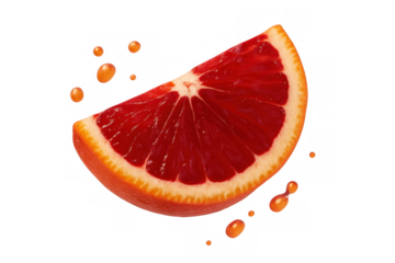 Blood orange slice with juice droplets splashing, fresh citrus fruit segment on transparent background