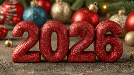 Christmas and new year 2026 greeting card with sparkling red typography