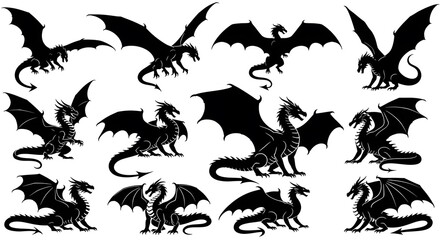 Fototapeta premium Set of Flying and Roaring Dragon Silhouette Designs – Black Mythical Creature Vector Collection for Tattoo, Logo, Fantasy Illustration, and Graphic Design Isolated on White Background