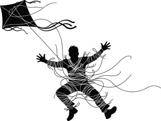 Silhouette, person, tangled, kite, strings, chaos, struggle, flying, trapped, dynamic, motion, black, white, dramatic, entanglement, concept, metaphor, overwhelmed, tension, confusion