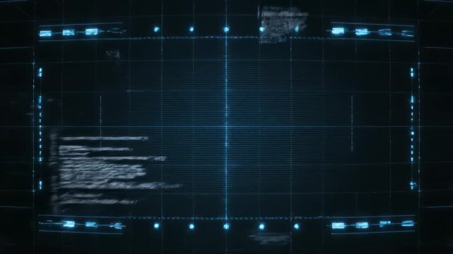Futuristic Display Screen with Digital Code and Geometric Grid Overlay for Visual Interface