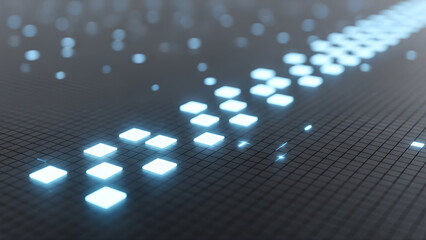 Rotating neon 3D blocks in virtual space visualize organized and structured futuristic database management.