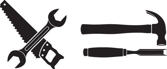 Black Silhouette Vector Icons of Hand Tools for Repair and Construction