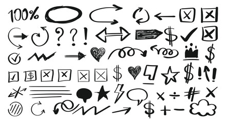 Red crayon hand drawn underline and arrows set. Doodle check marks, ovals, highlights, and speech bubbles with charcoal brush strokes. Vector sketch elements.