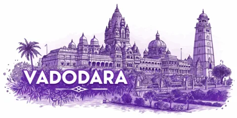Fotobehang Violet Vadodara Skyline Sketch with Cultural Heritage Landmarks – Laxmi Vilas Palace, Sayaji Garden, Kirti Mandir, Nyay Mandir – Artistic Cityscape for Gujarat Tourism Poster & Travel Branding  © sreetamo