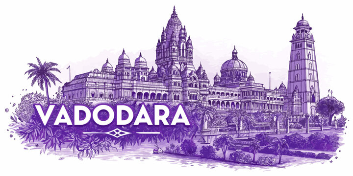 Vadodara Skyline Sketch with Cultural Heritage Landmarks &ndash; Laxmi Vilas Palace, Sayaji Garden, Kirti Mandir, Nyay Mandir &ndash; Artistic Cityscape for Gujarat Tourism Poster & Travel Branding