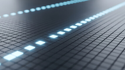 Rotating neon 3D blocks in virtual space visualize organized and structured futuristic database management.