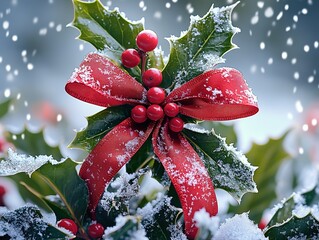 Christmas decoration with red ribbon wrapped around holly leaves and falling snow background. Green spiky leaves and red bow create a classic festive scene, ideal for greeting cards, wallpaper, and ho