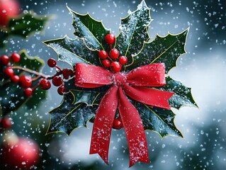 Christmas decoration with red ribbon bow on holly leaves and falling snow background. Classic red and green color scheme for festive greeting cards, wallpaper, and promotional designs.