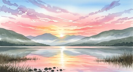 Fototapeta premium Watercolor painting of a lake reflecting a pink and orange sunset with mountains in the distance