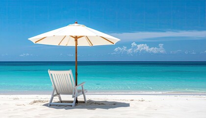 Fototapeta premium Minimalist Tropical Beach Scene With White Beach Chair and White Umbrella Facing Turquoise Ocean Under Bright Blue Sky