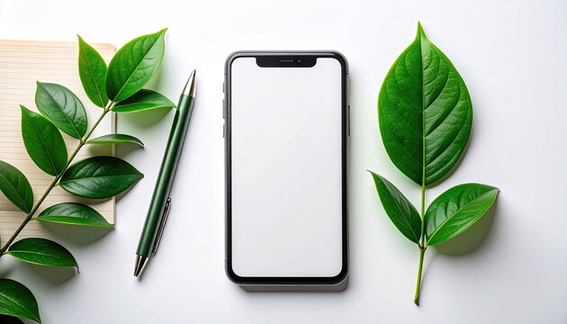 Minimalist Flat Lay Of A Smartphone Notebook And Green Leaves On A White Surface With Natural Light