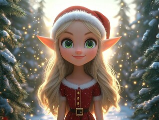 Cute 3D elf girl in red dress and Santa hat standing in snowy forest with twinkling lights, cartoon character design for holiday cards and digital projects.