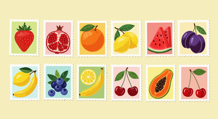 Assortment of colorful fruit postage stamps, featuring strawberry, pomegranate, orange, lemon, watermelon, plum, blueberry, banana, cherry, and papaya