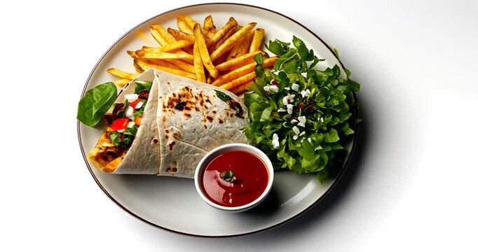 A delicious plate featuring a burrito, crispy fries, fresh salad, and salsa on a white background