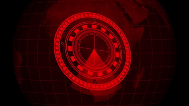 High-tech red circular HUD on rotating globe with radar sweep, modern digital interface animation. Red Futuristic Circular HUD Display on a Globe Background with Radar Sweep .