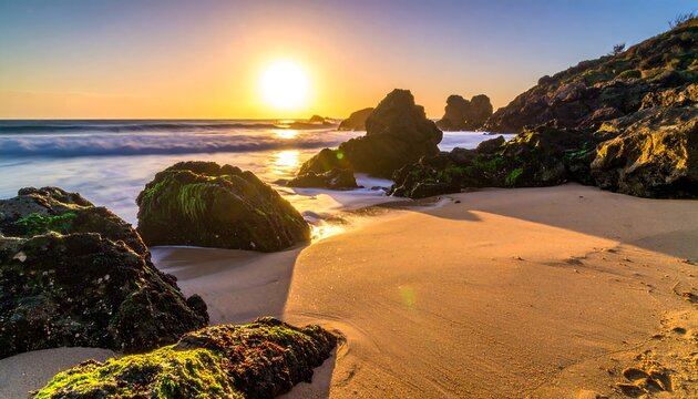 A coastal landscape at dawn. The sun rises over the horizon, casting a warm glow on sand, rocks, and ocean waves