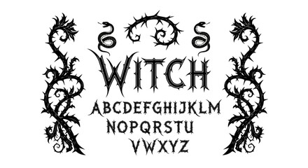 Gothic alphabet font with thorny vines and snake elements, suitable for halloween or witchcraft themes