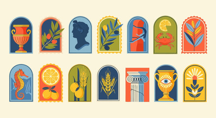 Collection of decorative arched elements featuring ancient greek motifs like amphorae, laurel branches, classical busts, seahorses, and architectural details