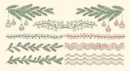 Festive collection of handdrawn christmas and winter holiday decorative borders and elements, including pine branches, ornaments, and lacelike patterns
