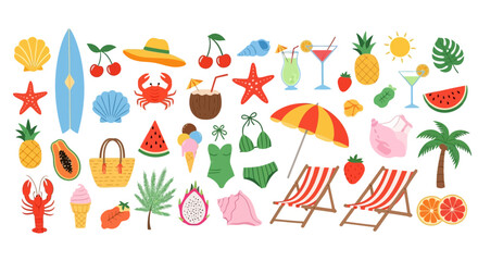 Vibrant collection of summer vacation and beach elements including fruits, drinks, swimwear, and beach accessories