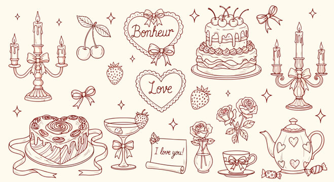 Fototapeta Handdrawn sketch of romantic and celebratory items, including cakes, champagne, roses, candles, cherries, and strawberries, with love and bonheur inscriptions, isolated on a cream background