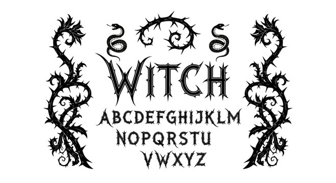 Gothic alphabet font with thorny vines and snake elements, suitable for halloween or witchcraft themes