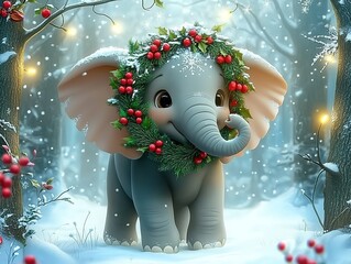Adorable baby elephant wearing Christmas wreath walking in snow-covered forest, 3D cartoon full body portrait with falling snowflakes and magical lighting.