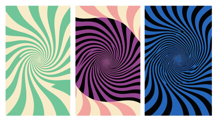 Abstract psychedelic swirl patterns in three vertical panels, featuring a mint green and cream, a purple and pink, and a blue and black color scheme, creating a hypnotic visual effect