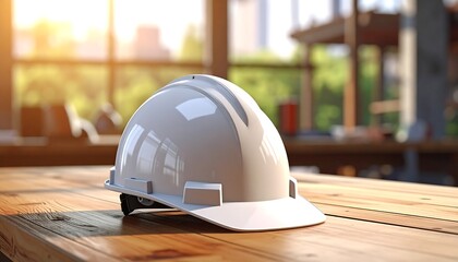 White Hard Hat on Wooden Table in Construction Site.