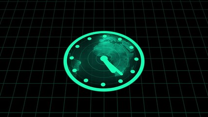 Teal Earth Clock Overlay on Grid animation Background with World Map Silhouette time globe. Animated teal clock over Earth globe with grid backdrop and map silhouette, modern time interface design. - Powered by Adobe