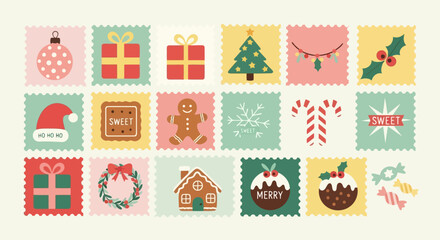 Collection of festive christmas postage stamps featuring holiday icons like ornaments, gifts, gingerbread man, santa hat, candy cane, and holly berry