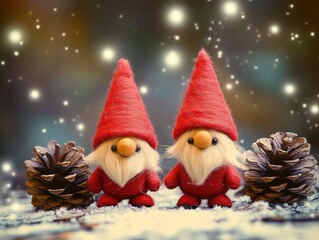 Red felt gnomes with pine cones against starry sky, macro closeup with bokeh magic effect, high detail texture for holiday design projects.