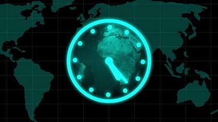 Cyan Earth Clock on World Map Grid animation Background with Glowing Continents time globe. Digital cyan Earth clock with glowing continents over world map grid, animated global time visualization. - Powered by Adobe