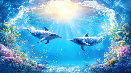 Joyful dolphins swim gracefully in vibrant coral reef, bathed in magical sunlight