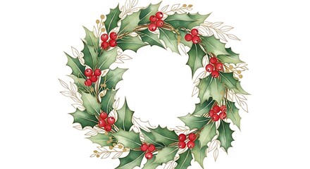Fototapeta premium Watercolor christmas wreath with holly leaves and red berries on a white background design element