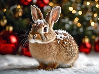 Brown rabbit with snow on fur standing before Christmas tree, curious gaze, surrounded by red and golden New Year decorations. Ideal for festive greeting cards, social media content, winter-themed des