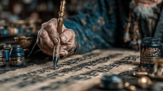 Close up of hand writing with pen on ancient manuscript scroll