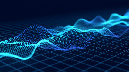 Floating hologram codes over a glowing blue grid show futuristic real-time data visualization in a clean, minimal tech style.