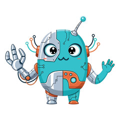 Cyborg Monster Mascot with Digital Speech Bubble – Cute Futuristic 2D Vector Illustration