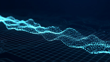 Floating hologram codes over a glowing blue grid show futuristic real-time data visualization in a clean, minimal tech style.