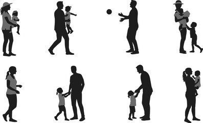 Silhouettes of Adults and Children Engaged in Parenting, Play, and Everyday Family Activities for Lifestyle and Caregiving Concepts