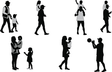Silhouettes of Adults and Children Engaged in Walking, Playing, and Bonding Activities for Parenting, Family, and Lifestyle Concepts