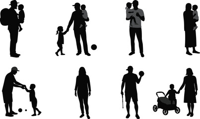 Silhouettes of Adults Interacting with Children in Various Family and Caregiving Scenarios for Parenting and Lifestyle Themes
