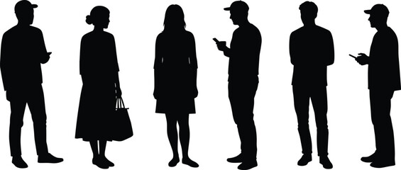 Silhouettes of Casual People Standing and Using Mobile Phones in Everyday Urban Scene for Modern Lifestyle Concepts