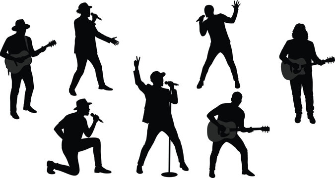 Silhouettes of Guitarists and Singers Performing Live Music on Stage in Dynamic Poses for Concert and Entertainment Themes