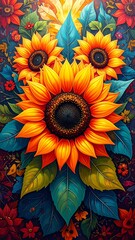 Vibrant floral artwork featuring three large, blossoming yellow sunflowers surrounded by teal leaves and a medley of colorful wildflowers